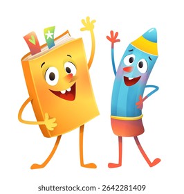 Funny Pencil and Book characters friends waving and cheering. Humorous playful Book and Pencil characters for kids education. Back to school cartoon clip art. Cartoon vector illustration for children.