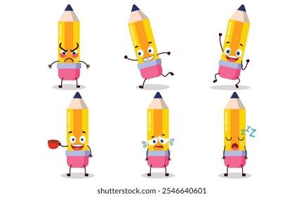 funny pencil cartoon character with various pose activity design illustration