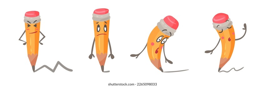 Funny Pencil Character with Face and Arms Drawing Line with Graphite End Vector Set