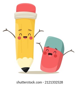 Funny Pencil And Eraser, School Or Office Supplies. Vector Illustration In Cartoon Style.