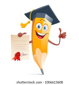 Funny pencil in graduation cap and with diploma certificate.