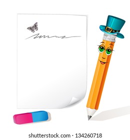 Funny pencil mascot with eraser and piece of paper