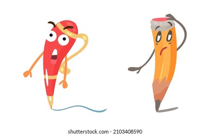 Funny pencil and pen characters set. Cute stationery tools with emotional faces cartoon vector illustration