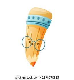 Funny Pencil as School Item with Smiling Face in Glasses as Cartoon Education Supply Vector Illustration