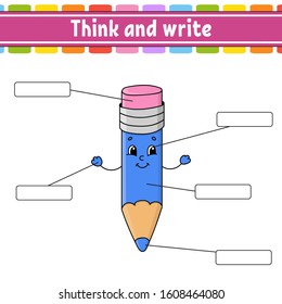 Funny pencil. Think and write. Body part. Learning words. Education worksheet. Activity page for study English. Isolated vector illustration. Cartoon style.