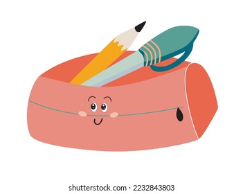 Funny Pencilcase. Cute School Supplies. Vector, kawaii