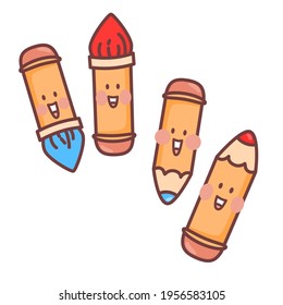 Funny pencils and brushes. Red and blue school supplies. School style.