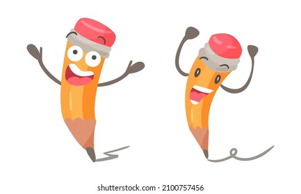 Funny pencils characters set. Cute stationery tools with happy smiling faces cartoon vector illustration