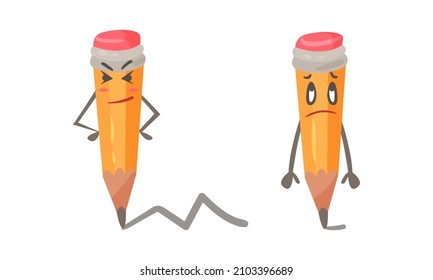 Funny pencils characters set. Cute stationery tools with funny emotional faces cartoon vector illustration