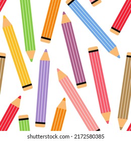 Funny pencils seamless school pattern. Back to school background.  Cute colourful stationery supplies. Modern hand drawn vector illustration for wallpapers, textile, fabric, web, wrapping design.