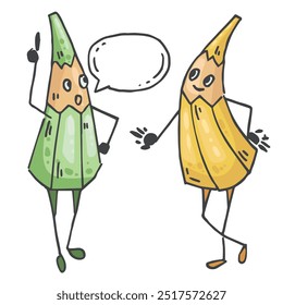 Funny pencils something speak. Yellow and green Humanized characters with speech bubble. For design, school, kindergarten, educational materials.
