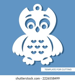 Funny pendant cute owl, little bird, chick. Hanging decoration for Christmas tree, children's room, birthday. Vector template for plotter laser cutting of paper, metal engraving, wood carving, cnc. 
