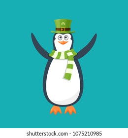 Funny penguin, Antarctic bird, in beautiful green hat, scarf, smile. Holiday Saint Patrick. Traditional Irish holiday in honor of great patron, with songs, dances, treats, drinks. Vector illustration