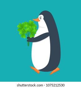 Funny penguin, Antarctic bird, with green plant in hands, clover bouqet. Holiday Saint Patrick. Traditional Irish holiday in honor of great patron, with songs, dances, drinks. Vector illustration.