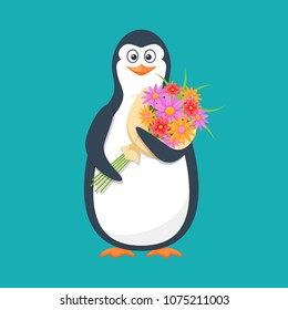 Funny penguin, Antarctic bird, with large bouquet of flowers and smile. Holiday March 8, congratulation, romance, event in form birthday, manifestation of respect and attention. Vector illustration.