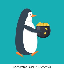 Funny penguin, Antarctic bird, with pot filled with gold coins in hands. Holiday Saint Patrick. Traditional Irish holiday in honor of great patron, with songs, dances, drinks. Vector illustration.