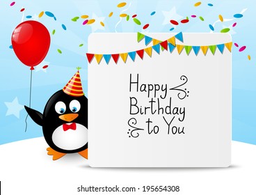 Funny penguin with Birthday banner