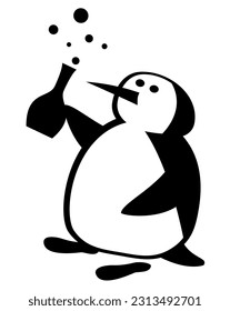 A funny penguin with a bottle of champagne celebrates his birthday.