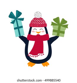 Funny penguin with Christmas gifts. Vector illustration for greeting cards, decorations and stationery. White background.
