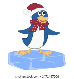 Funny penguin in a Christmas hat and scarf stands on an ice floe. Cheerful cartoon comic style with contour. Decorative illustration for your greeting cards, posters, patches and prints for clothes