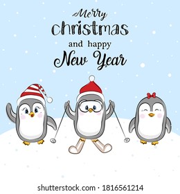 Funny penguin with Christmas red hat. Vector holiday Christmas greeting card with three cartoon penguins and Merry Christmas lettering.  