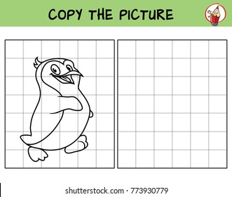 Funny penguin. Copy the picture. Coloring book. Educational game for children. Cartoon vector illustration