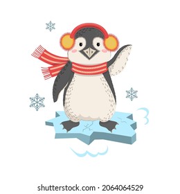 Funny penguin with earmuffs on an ice floe waving. Cute pet. Baby picture for textiles, prints, t-shirts, souvenirs. Vector illustration.
