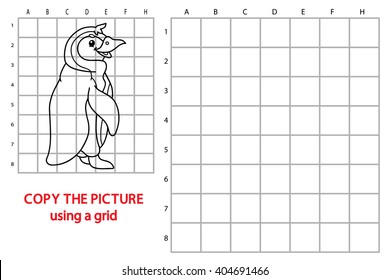 funny penguin educational grid game. Vector illustration of grid copy educational puzzle game with happy cartoon penguin for children