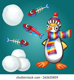 Funny Penguin with Fish and Snowballs Vector Drawing