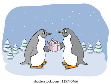 funny penguin with gift.