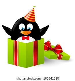 Funny penguin in gift box