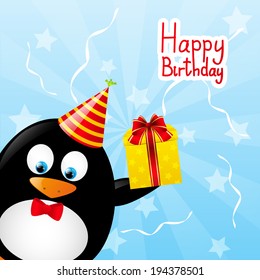 Funny penguin with gift box