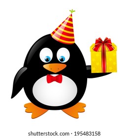 Funny penguin with gift box
