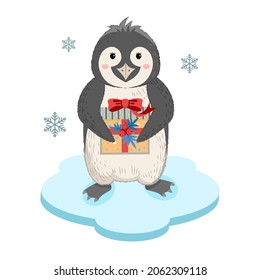 Funny penguin with a gift. Cute character in cartoon style. Children's picture for textiles, prints, t-shirts, souvenirs. Vector illustration.