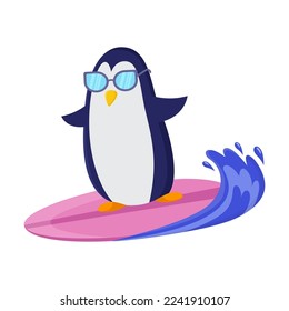 Funny penguin with glasses surfing, enjoying outdoor activity. Cute animal character on surfboard cartoon illustration. Summer, extreme water sport concept