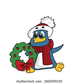 Funny penguin in a hat and scarf holding a Christmas wreath.Vector children's illustration on a white isolated background for banners, postcards and stickers