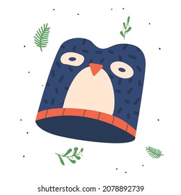 Funny Penguin Kids Hat for Autumn or Winter Seasons, Knitted or Textile Cap for Girls or Boys Isolated on White Background. Headwear Design Element for Cold Weather. Cartoon Vector Illustration Icon