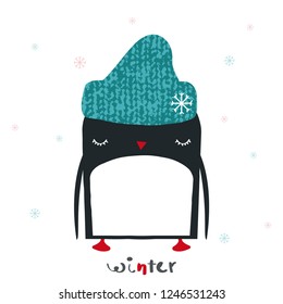 Funny penguin in knitted hat. Winter kids graphic. Vector hand drawn illustration.