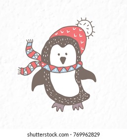 Funny penguin. Nursery art. Minimalist scandinavian style. Character for kids card, print for t-shirt and more. Winter season.