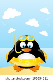Funny penguin on beach background