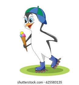 Funny penguin on rollers in summer in a baseball cap on his head and with ice cream in a waffle horn in his hands