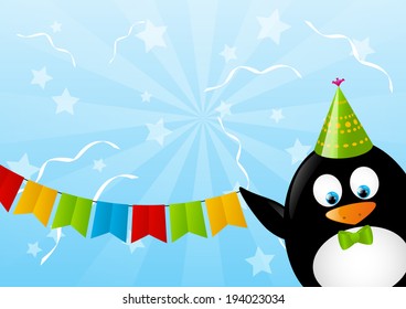 Funny penguin with party flags