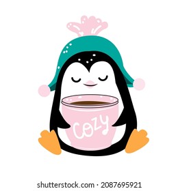 A funny penguin and pink cup. Vector illustration for christmas and new year. Doodle style