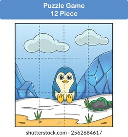 Funny penguin. Puzzle games for kids. 12 piece. Child education. Vector illustration