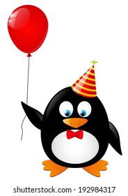 Funny penguin with red balloon