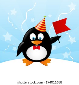 Funny penguin with red flag