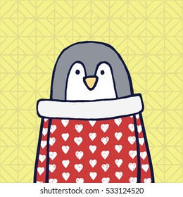 Funny penguin in red pullover with white hearts. Hand drawn vector card with animal