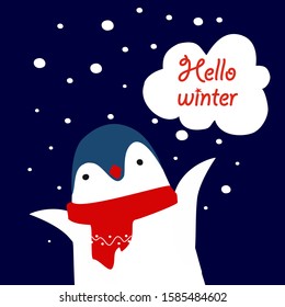 Funny penguin in a red scarf. Vector illustration.