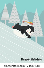 Funny penguin riding on a snowy hill. Vector illustration. Fun holiday poster with the wishes