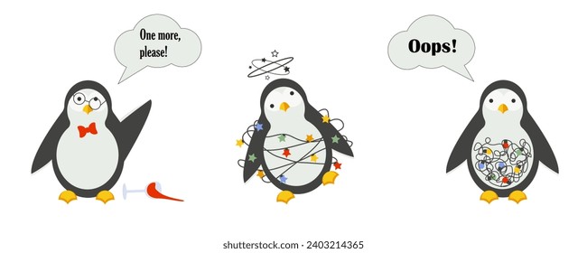 Funny penguin set. Animals in human roles each isolated on white background. Modern vector illustration